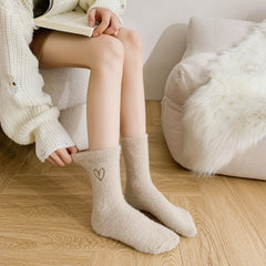 5 Pairs Heart Embroidery Socks Warm & Comfy Fuzzy Stockings
