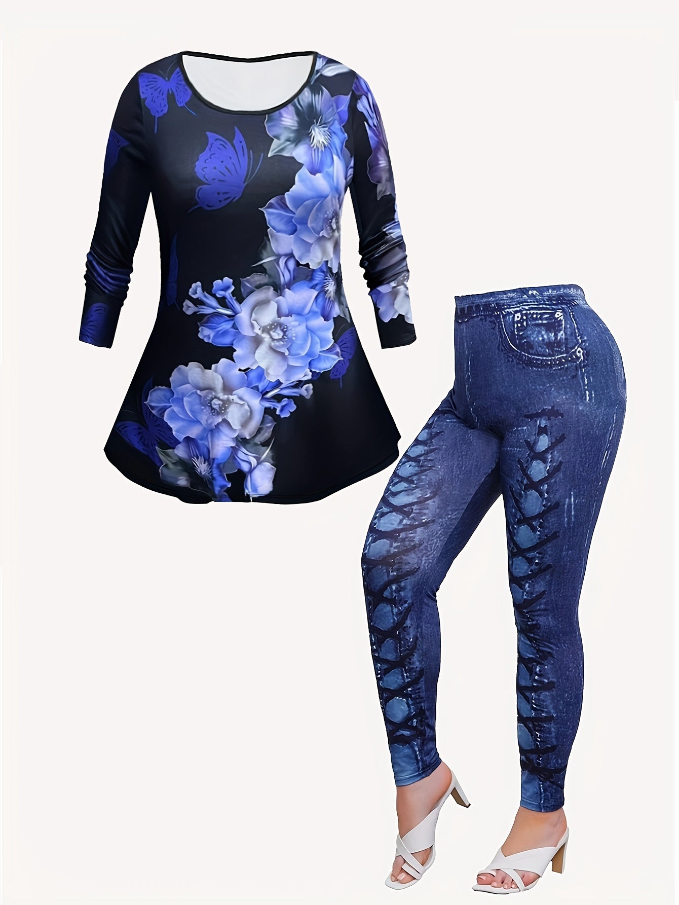  2 Piece Set Women's Floral Top & Denim Leggings Outfits
