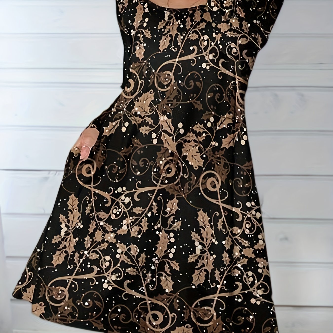  Leaf Print Long Sleeve Maxi Dress With Pockets