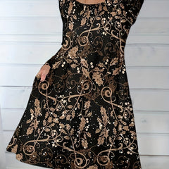  Leaf Print Long Sleeve Maxi Dress With Pockets