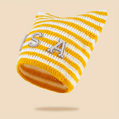 Y2K Striped Cat Ear Beanie Bow Knit Hat Hip Hop Elastic Skull Cap