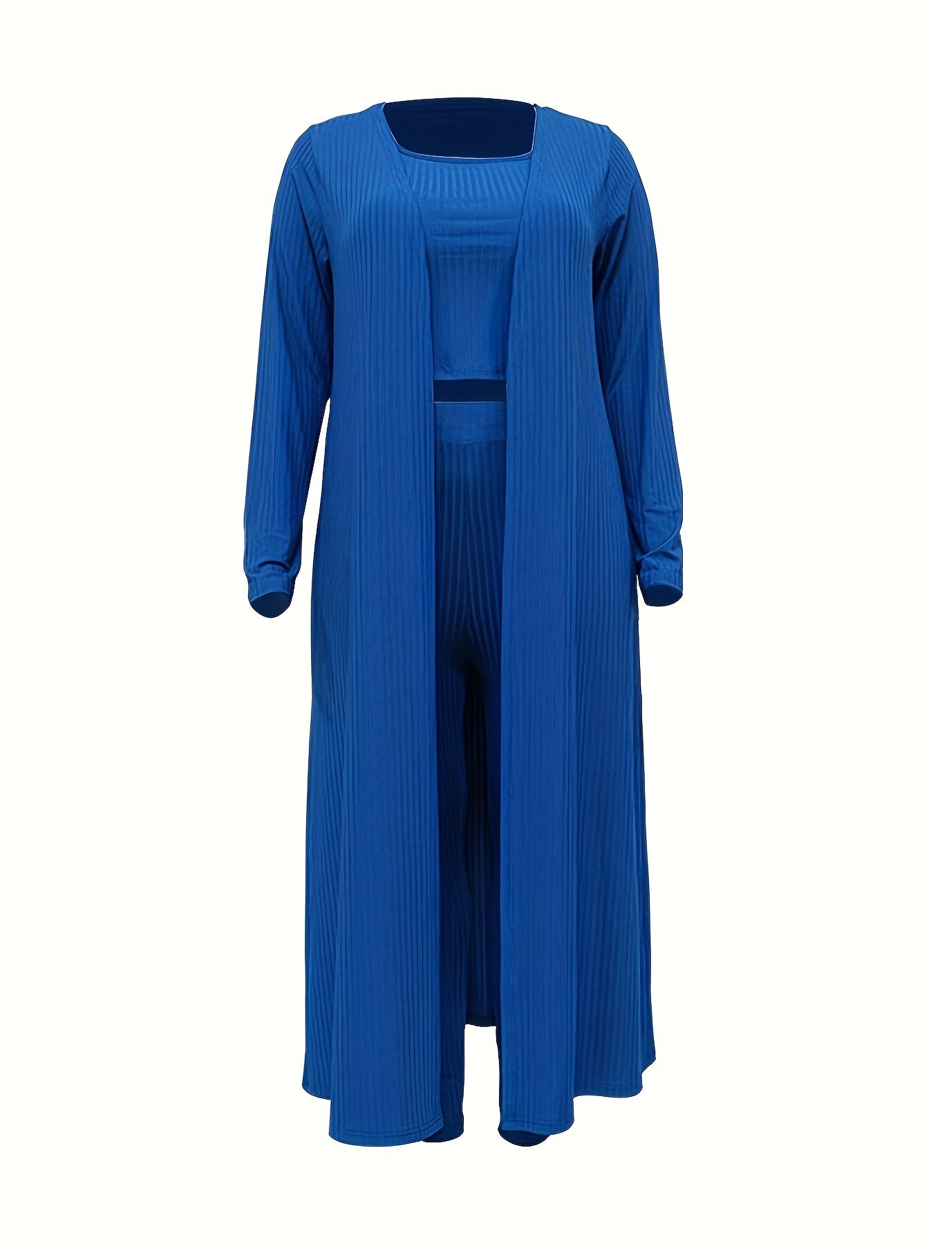  Solid Ribbed Cardigan, Top & Pants 3-Piece Set