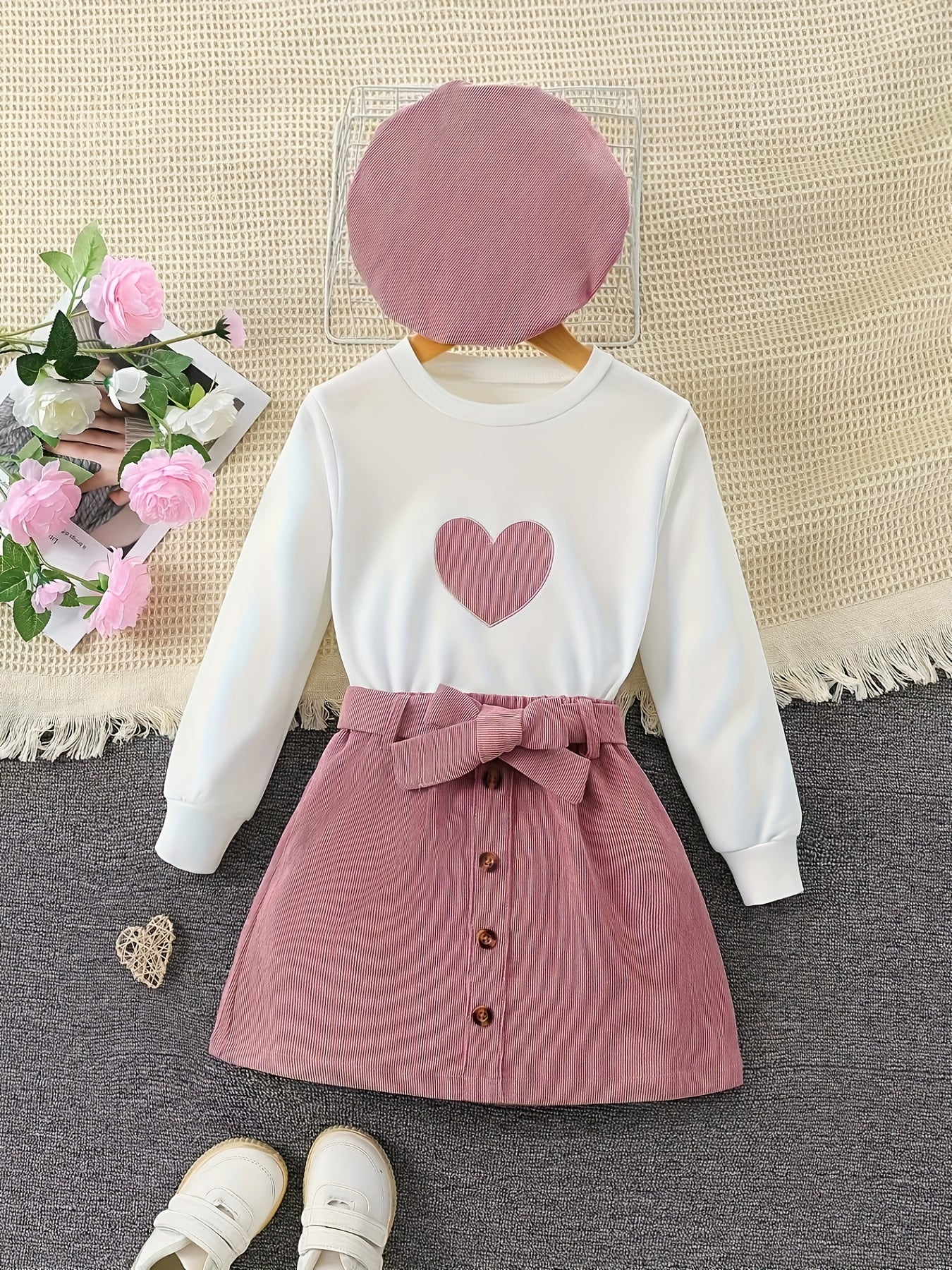 Girl's 3pcs Corduroy Heart Top & Beret & Skirt Set for Spring Fall