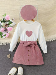 Girl's 3pcs Corduroy Heart Top & Beret & Skirt Set for Spring Fall