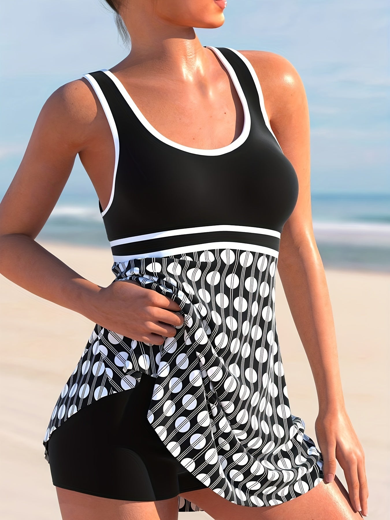  Modest Tankini Set Women's Plus Stripe & Polka Dot Print Two Piece Set