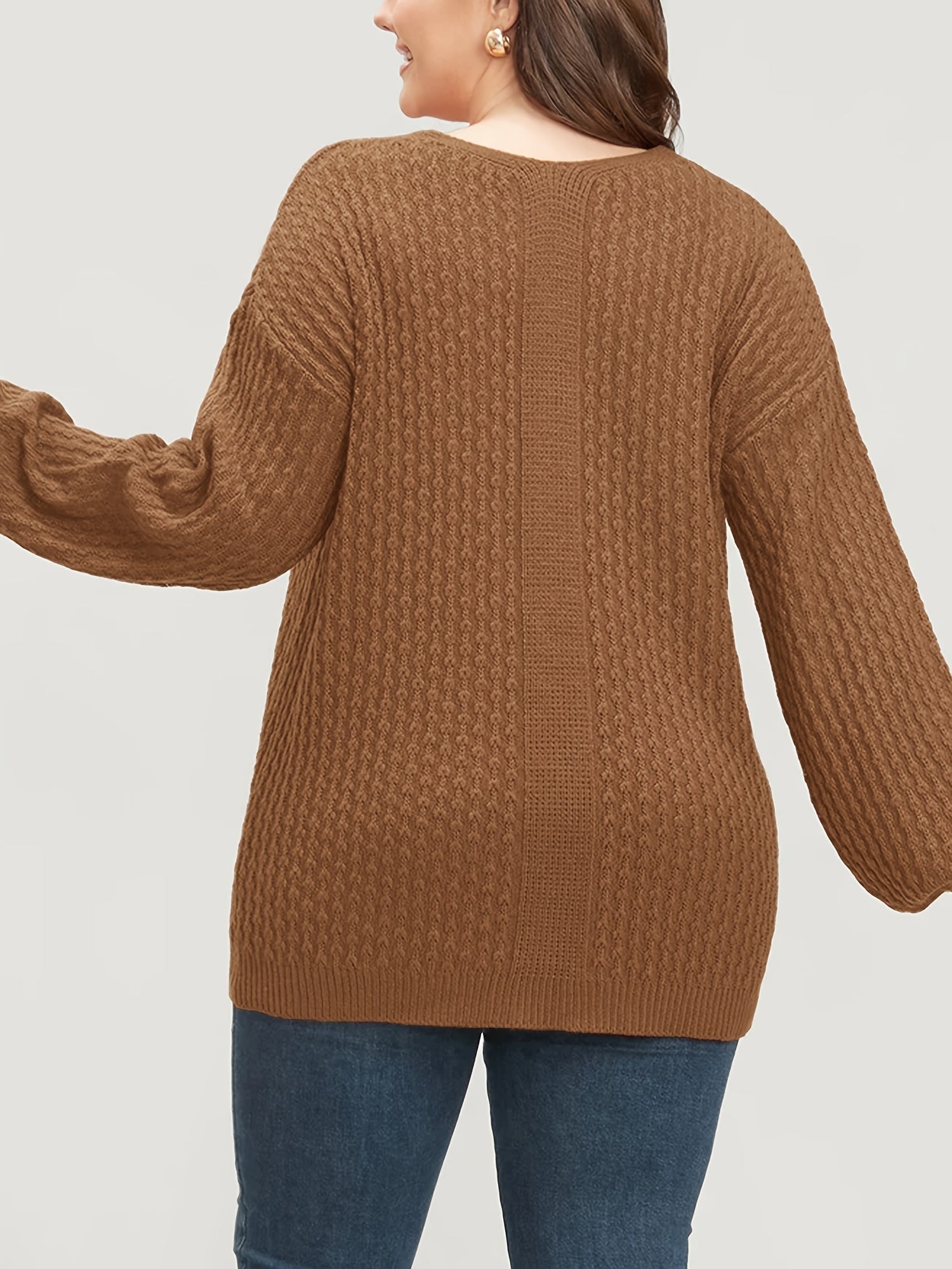 Solid Jacquard Long Sleeve V Neck Knit Top
