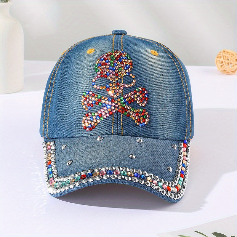 Skull Decor Baseball Cap Denim Distressed Dad Hat Sun Hats For Women
