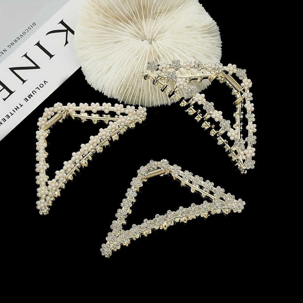 Triangle Shape Hair Claw Faux Pearl Rhinestone Ponytail Holder