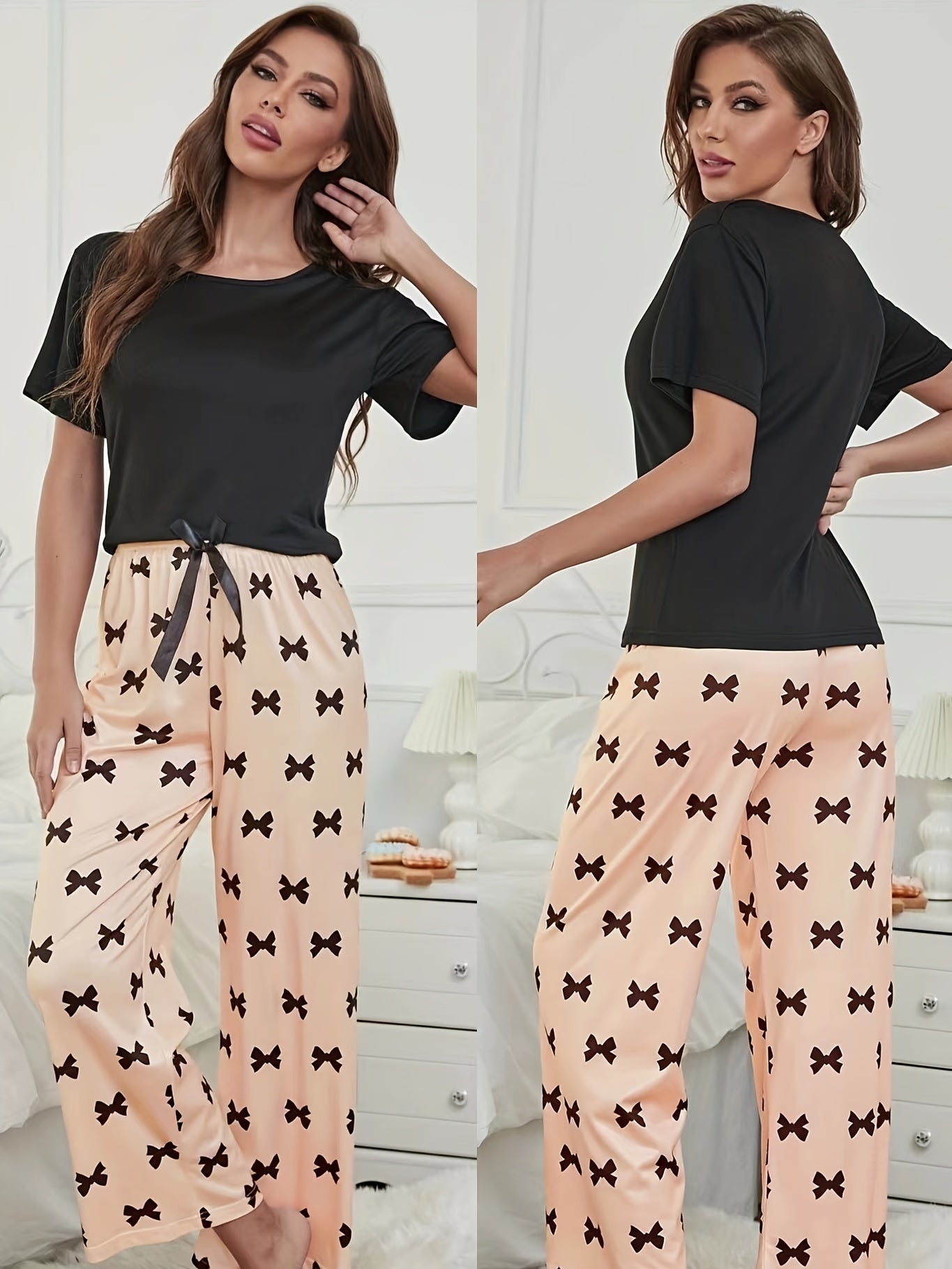 Bow Print Pajamas Set Short Sleeve Crew Neck Top & Lounge Pants