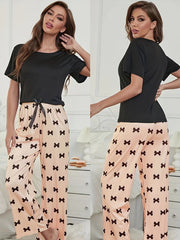 Bow Print Pajamas Set Short Sleeve Crew Neck Top & Lounge Pants
