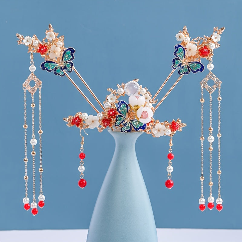 4pcs Butterfly Hairpin Earrings Set Flower Hair Accessories Women's Chinese Styl