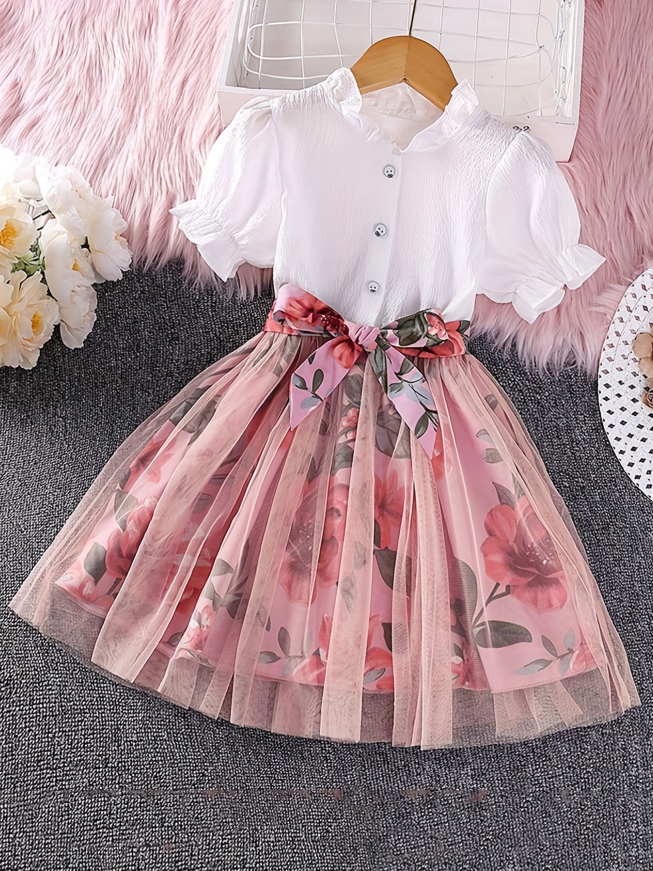 Girls Boho Flowers Print Button Up Short Sleeve Casual Dress