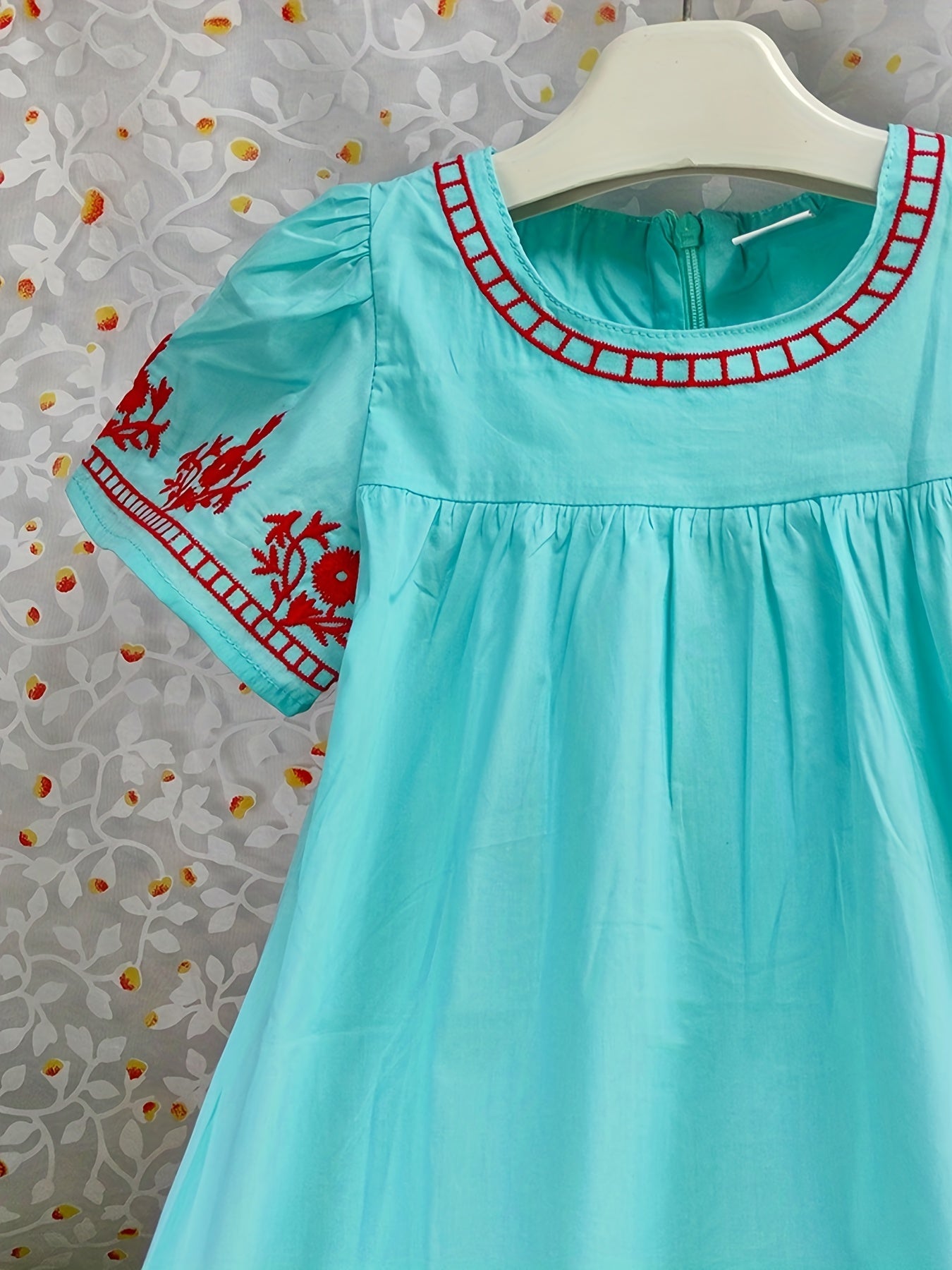 Girls Floral Embroidery Short Sleeve Cotton Dress Boho Style