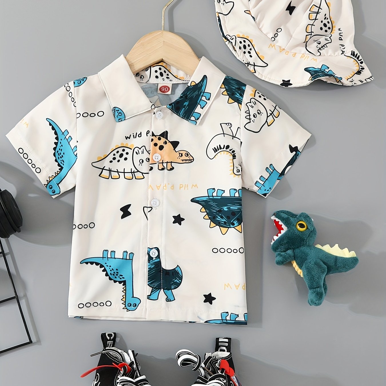 2pcs Boys Teen Dinosaur Short Sleeve Shirt & Hat Set Clothes For Summer