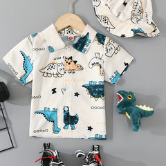 2pcs Boys Teen Dinosaur Short Sleeve Shirt & Hat Set Clothes For Summer