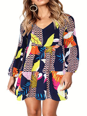  Colorblock Gingham & Tropical Print V Neck Mini Dress