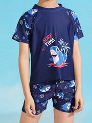 Boy's Shark Swimsuit 3pcs Set SURF TIME Print Stretchy Bathing Suit