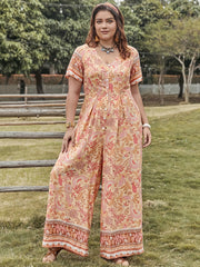  Boho Jumpsuit Floral Print Short Sleeve V-Neck Wide Leg Jumpsuit