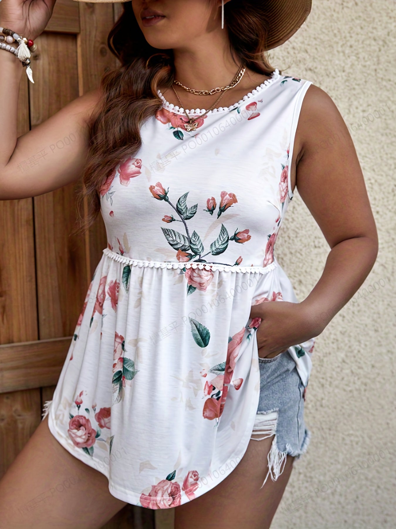  Floral Print Frill Trim Neck Peplum Tank Top