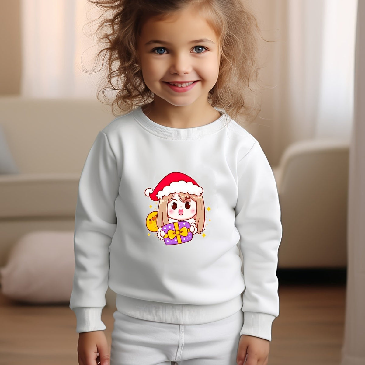 Cartoon Girls With Santa Hat Graphic Crew Neck Sweatshirt
