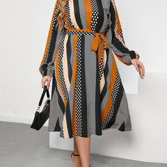  Women's Striped & Polka Dot Print Round Neck Belted Dress