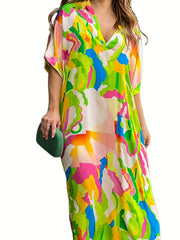 Plus Size Casual Dress Women's Plus Allover Print Bat Sleeve V Neck Maxi Dress