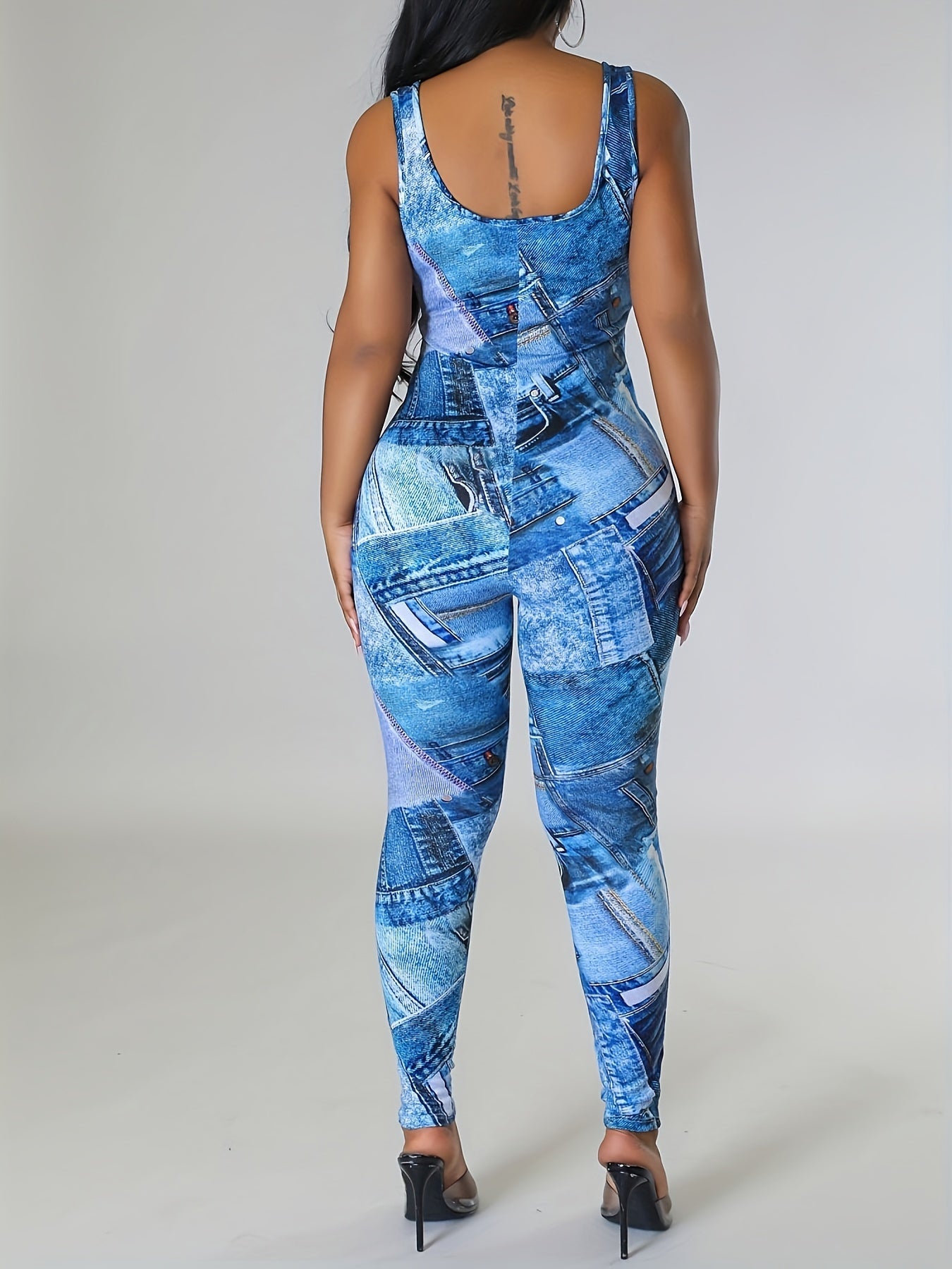Denim Print Slim Tank Jumpsuit Women's Clothing