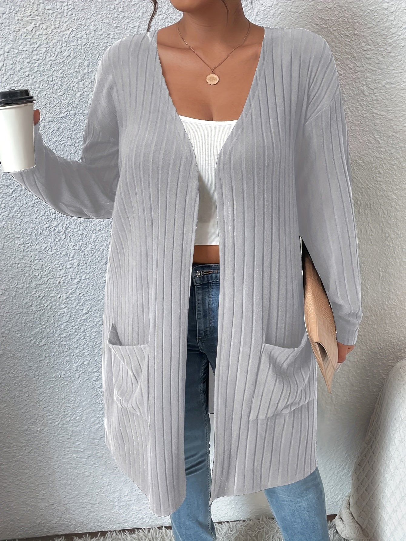  Solid Ribbed Open Front Cardigan With Pockets