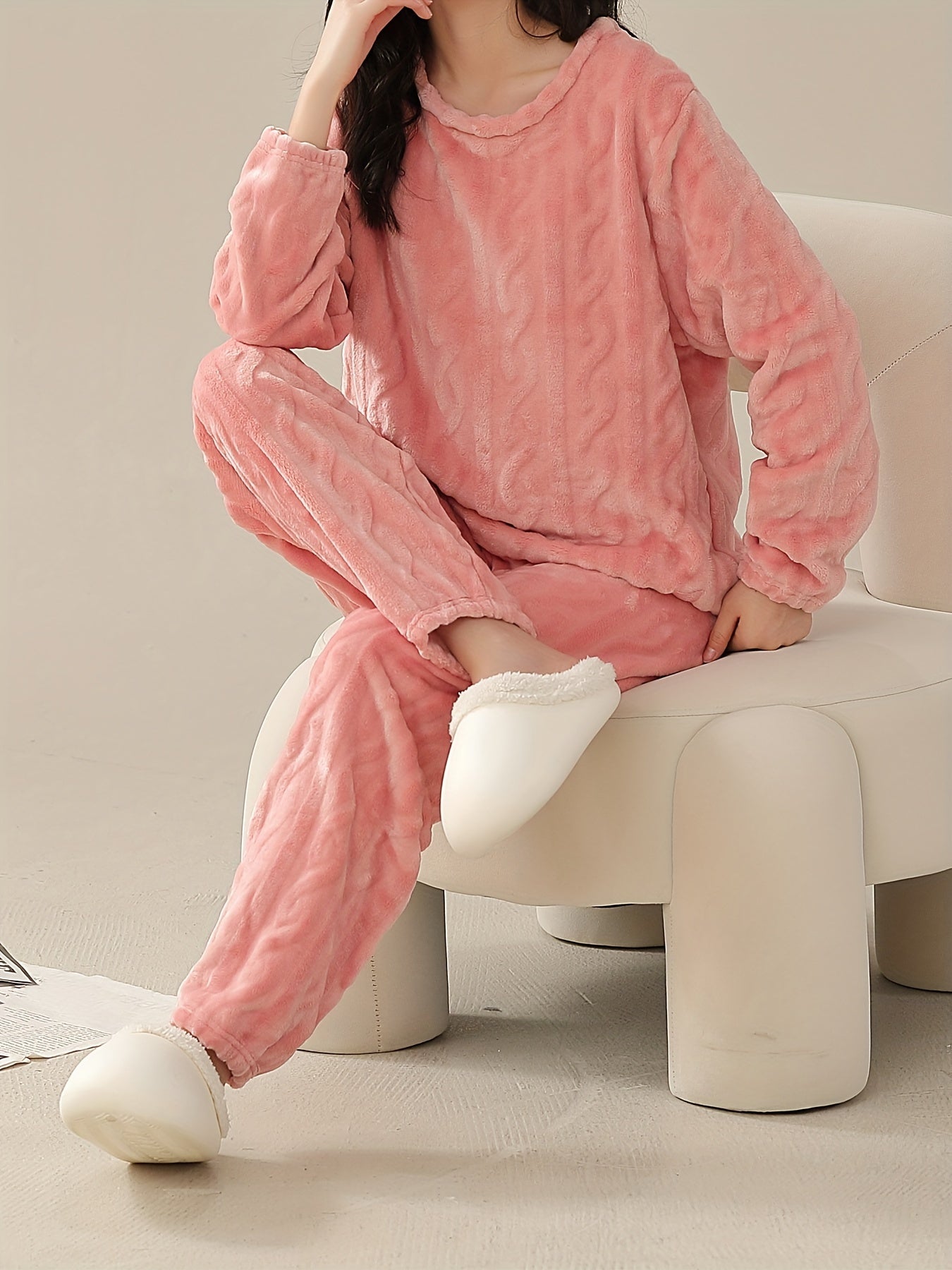Cozy Fuzzy Pajama Set Long Sleeve Crew Neck Top & Elastic Waistband Pants