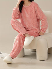 Cozy Fuzzy Pajama Set Long Sleeve Crew Neck Top & Elastic Waistband Pants