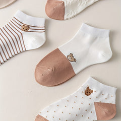 5 Pairs Thin Bear Print Short Socks for Women