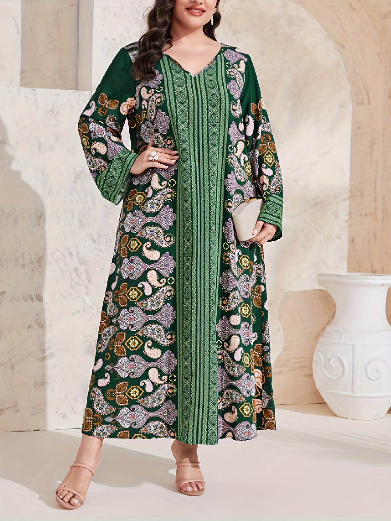  Abaya Dress Women's Plus Paisley Floral Geometric Print Long Sleeve