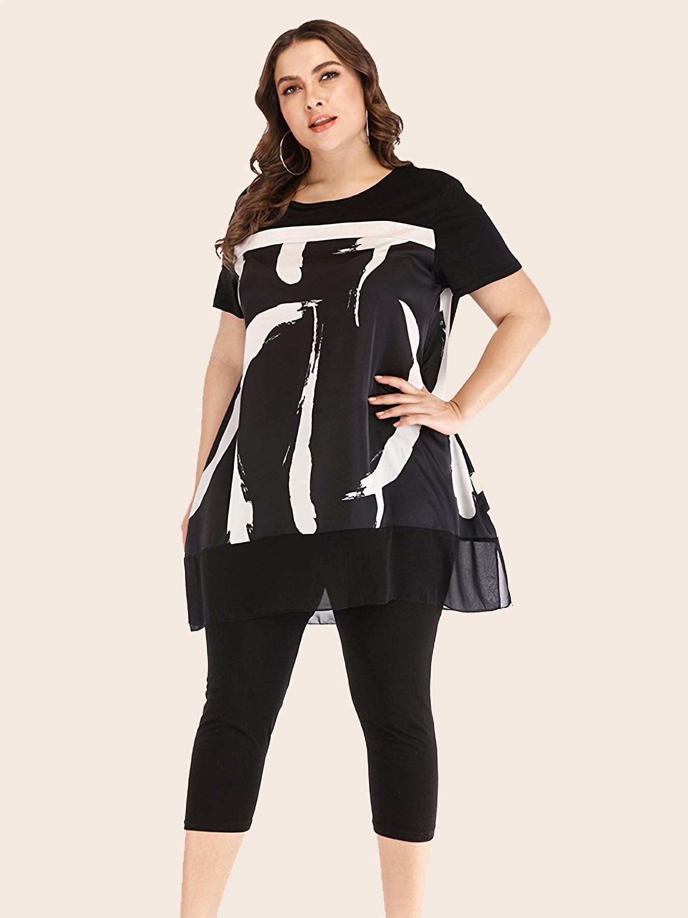  Mesh Graphic Print Top & Bodycon Pants Set Women's Plus Outfit 2 Pcs