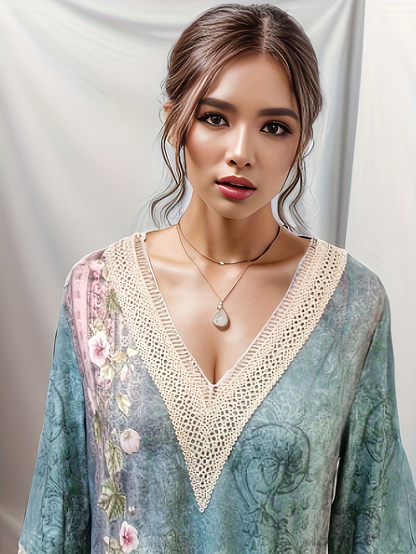 Women's Floral Lace Sleeve V Neck Dress
