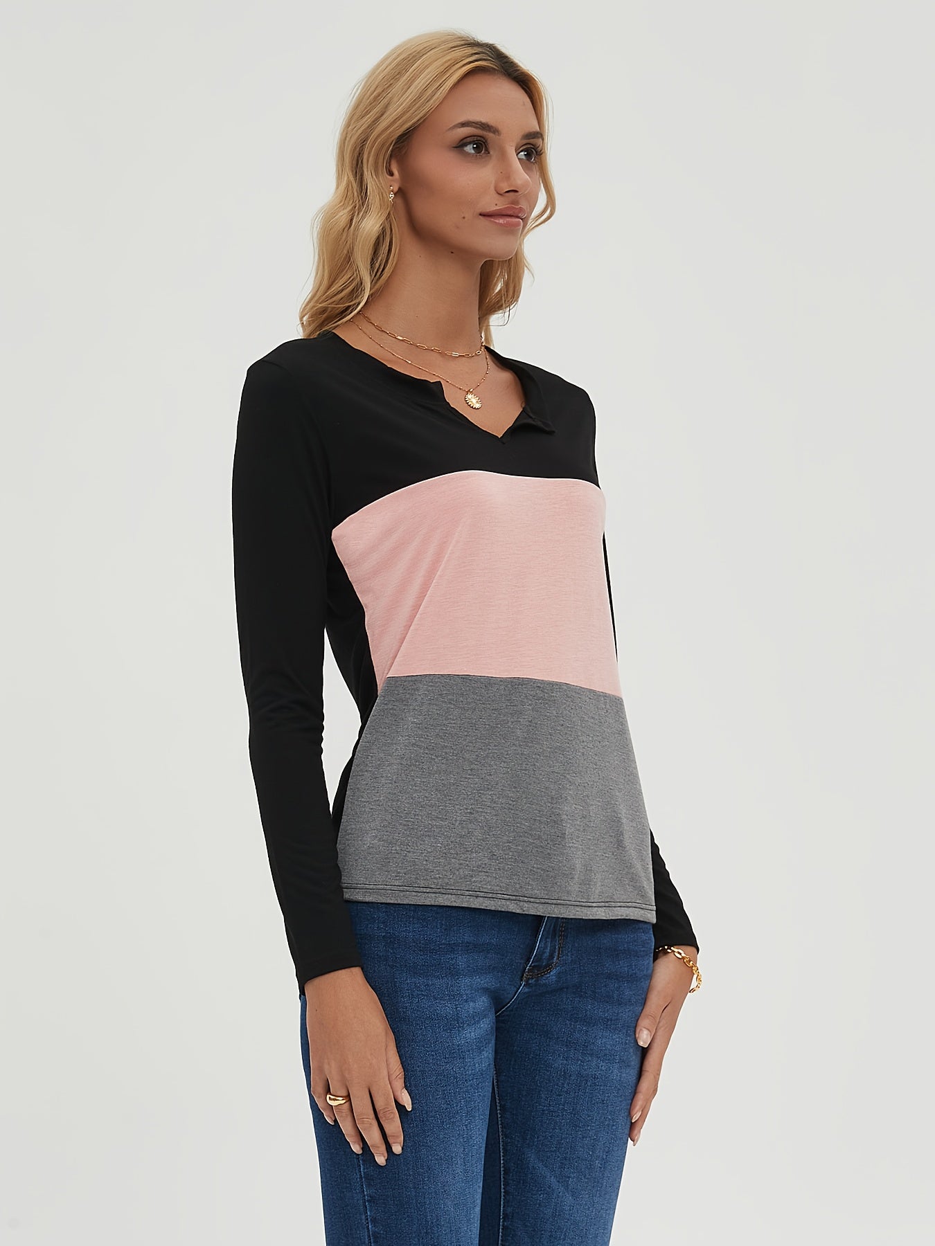 Block Long Sleeve V Neck Pullover Tops Women's Tops