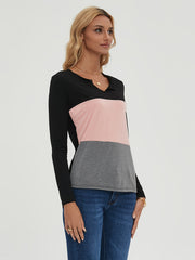 Block Long Sleeve V Neck Pullover Tops Women's Tops