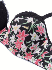  Sexy Bra Women's Plus Floral Print Lace Trim Underwire Molded Cup Bra