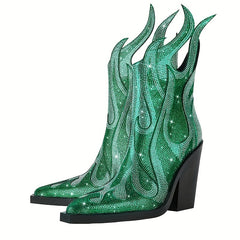 Women's Rhinestone Decor Flame Boots Party Chunky Heels