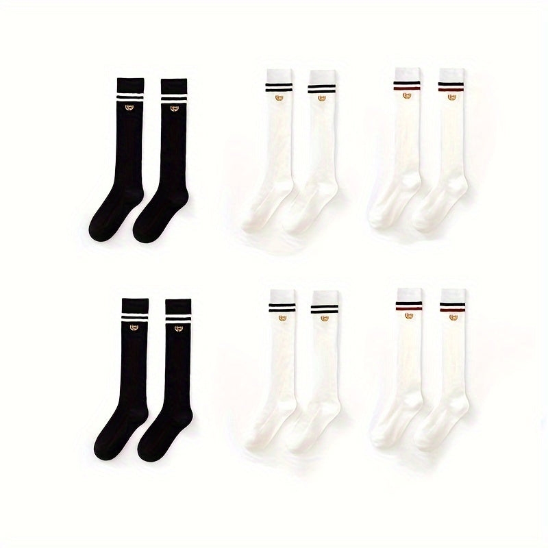 6 Pairs Striped Calf Socks College Style Women's Knee High Stockings