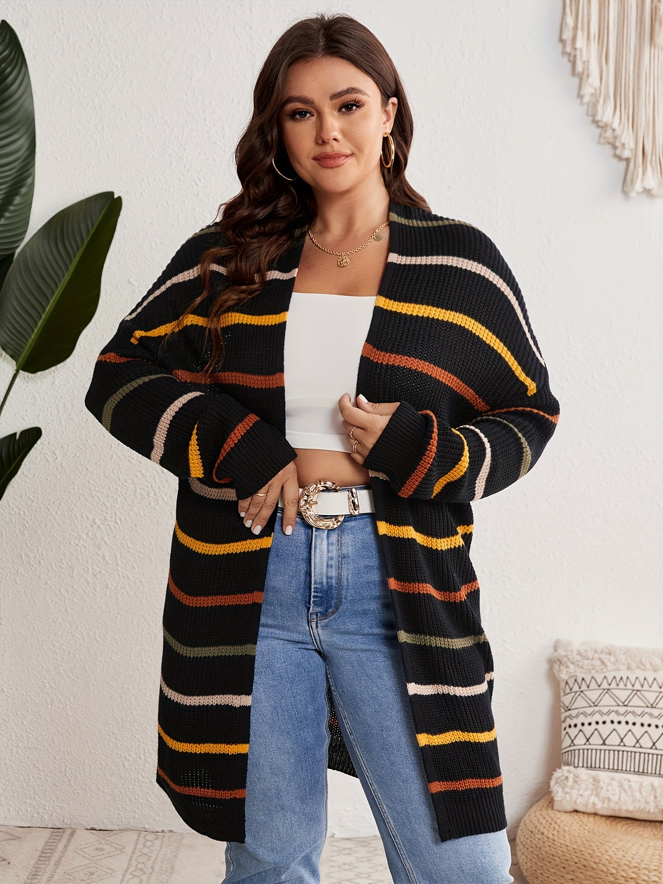  Striped Long Sleeve Open Front Cardigan
