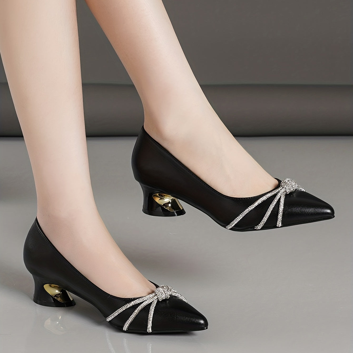 Women's Rhinestone Knot Chunky Heels Pointed Toe Pumps