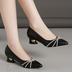 Women's Rhinestone Knot Chunky Heels Pointed Toe Pumps