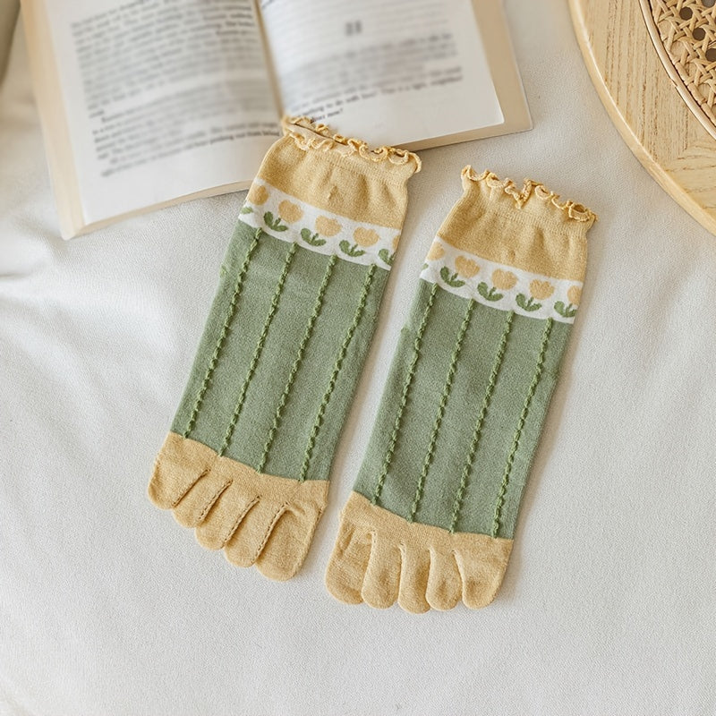 Floral Print Toe Socks 3D Textured Floor Socks