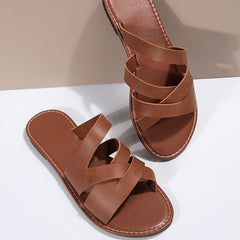 Women's Cross Band Slide Shoes Open Round Toe Faux Leather Summer Beach Slides