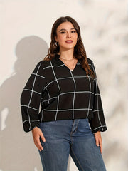  Casual Blouse Women's Plus Grid Print Notched Neck Tunic Top
