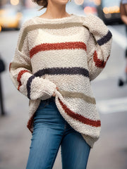  Casual Stripe Print Long Sleeve Round Neck Tunic Jumper