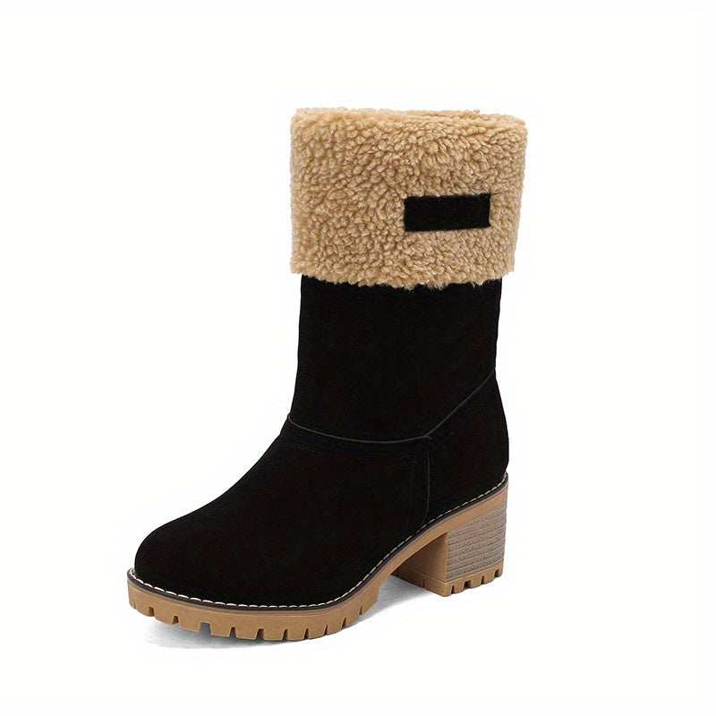 Women's Stacked Heel Mid Calf Snow Boots Plush Winter Slip On