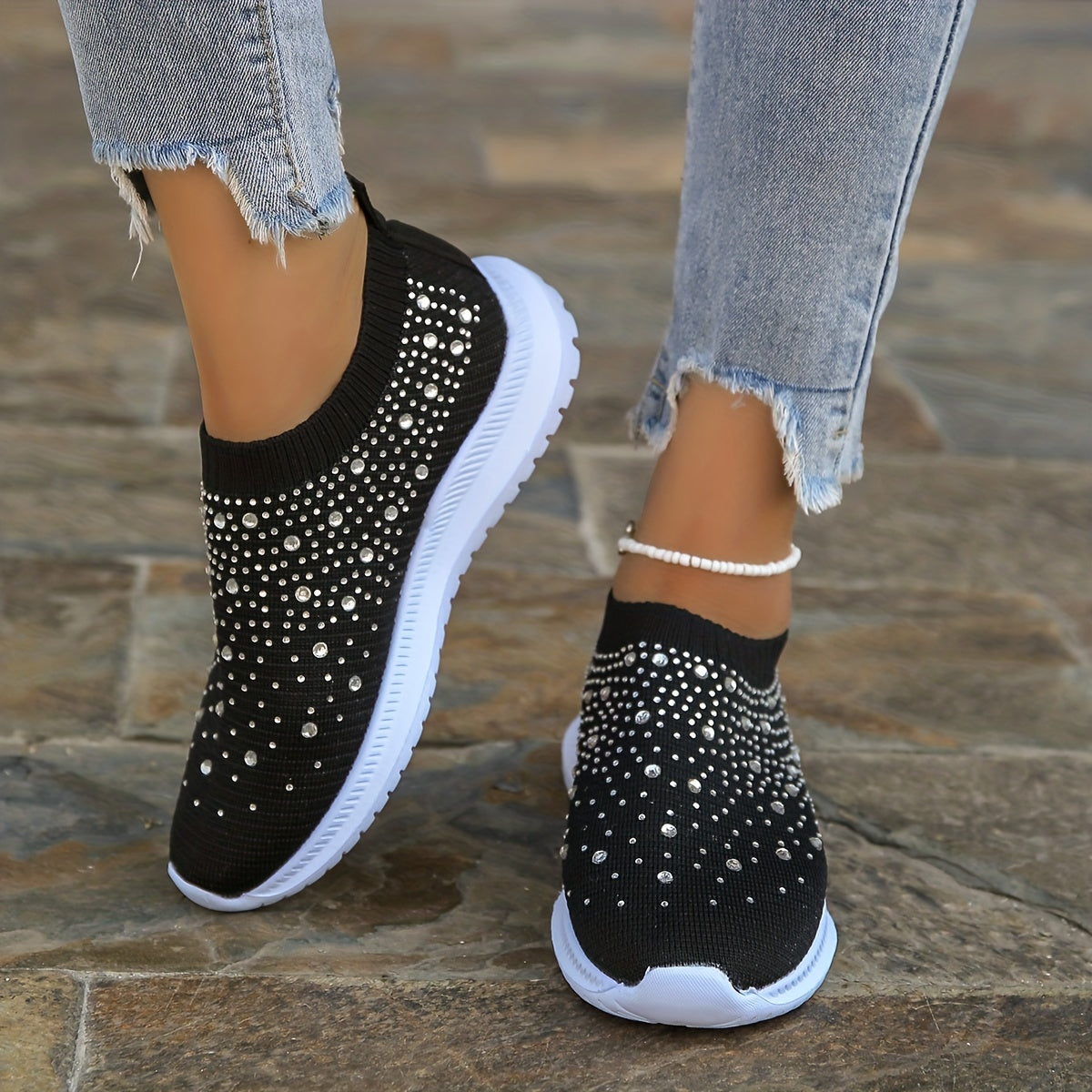 Women's Rhinestone Slip on Sneakers Breathable Low Top Shoes