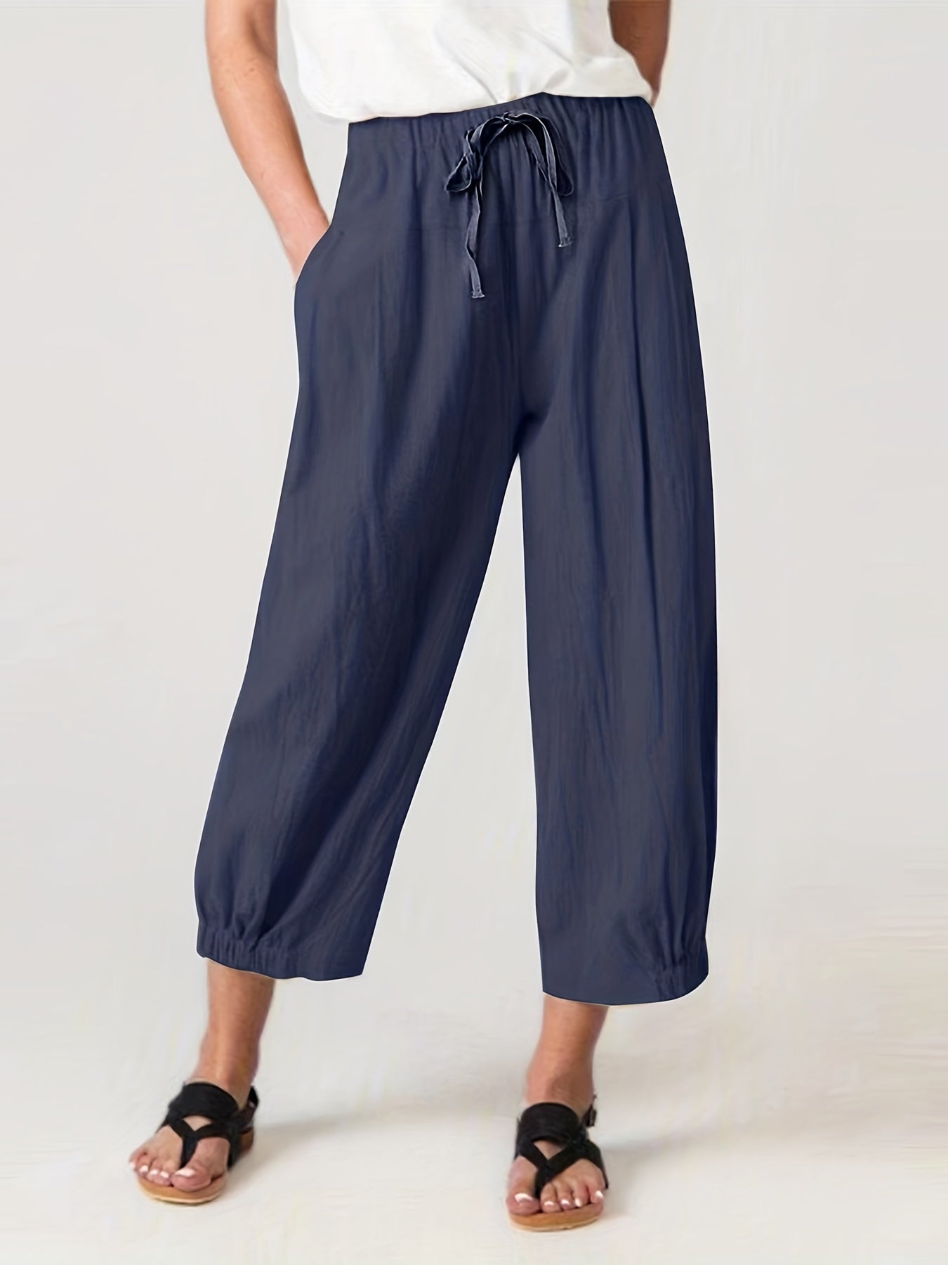 Drawstring Waist Cropped Pants Casual Elastic Trim Pants