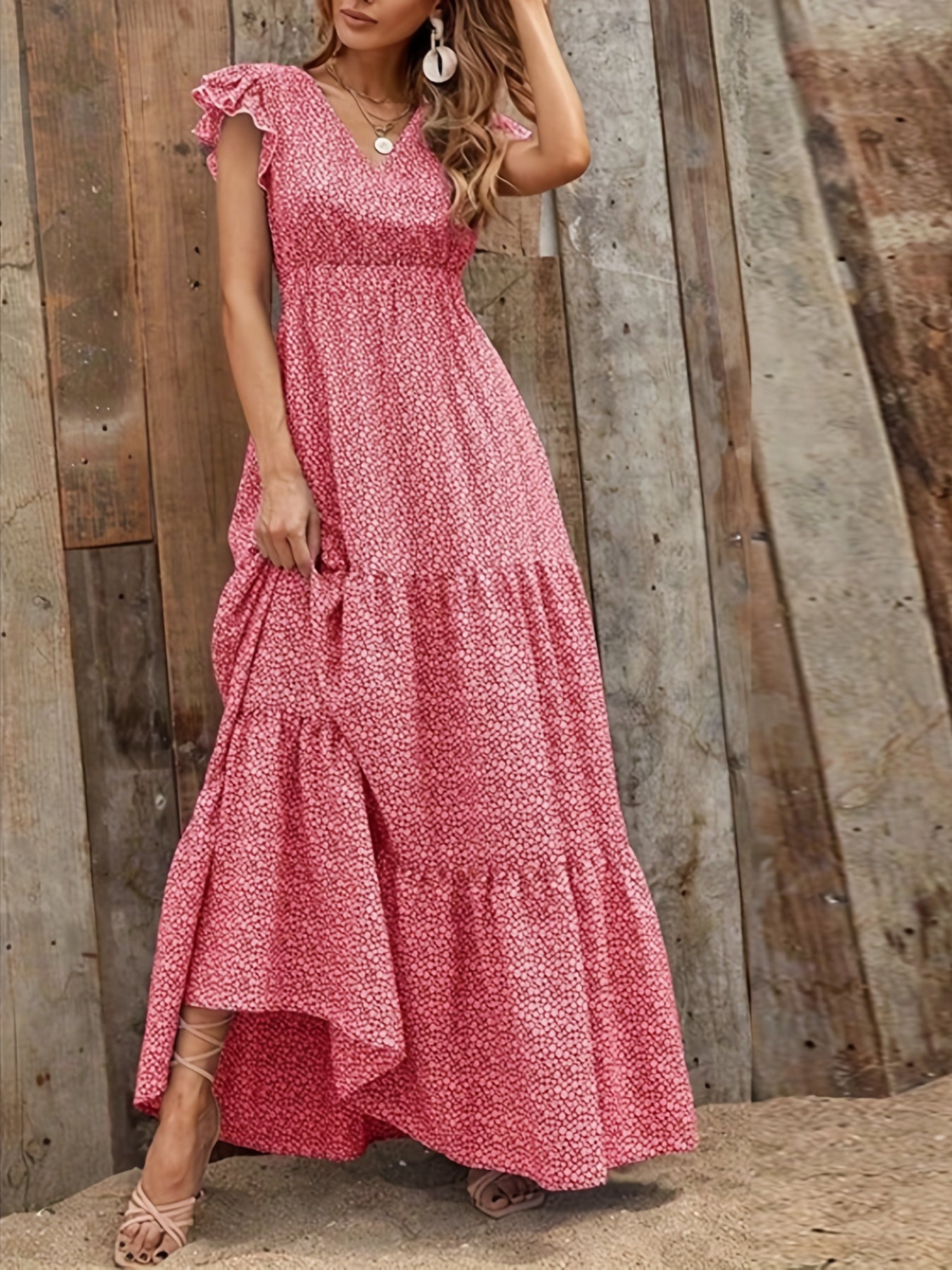 Ditsy Floral High Waist Maxi Dress Sleeveless V Neck Women's Clothing